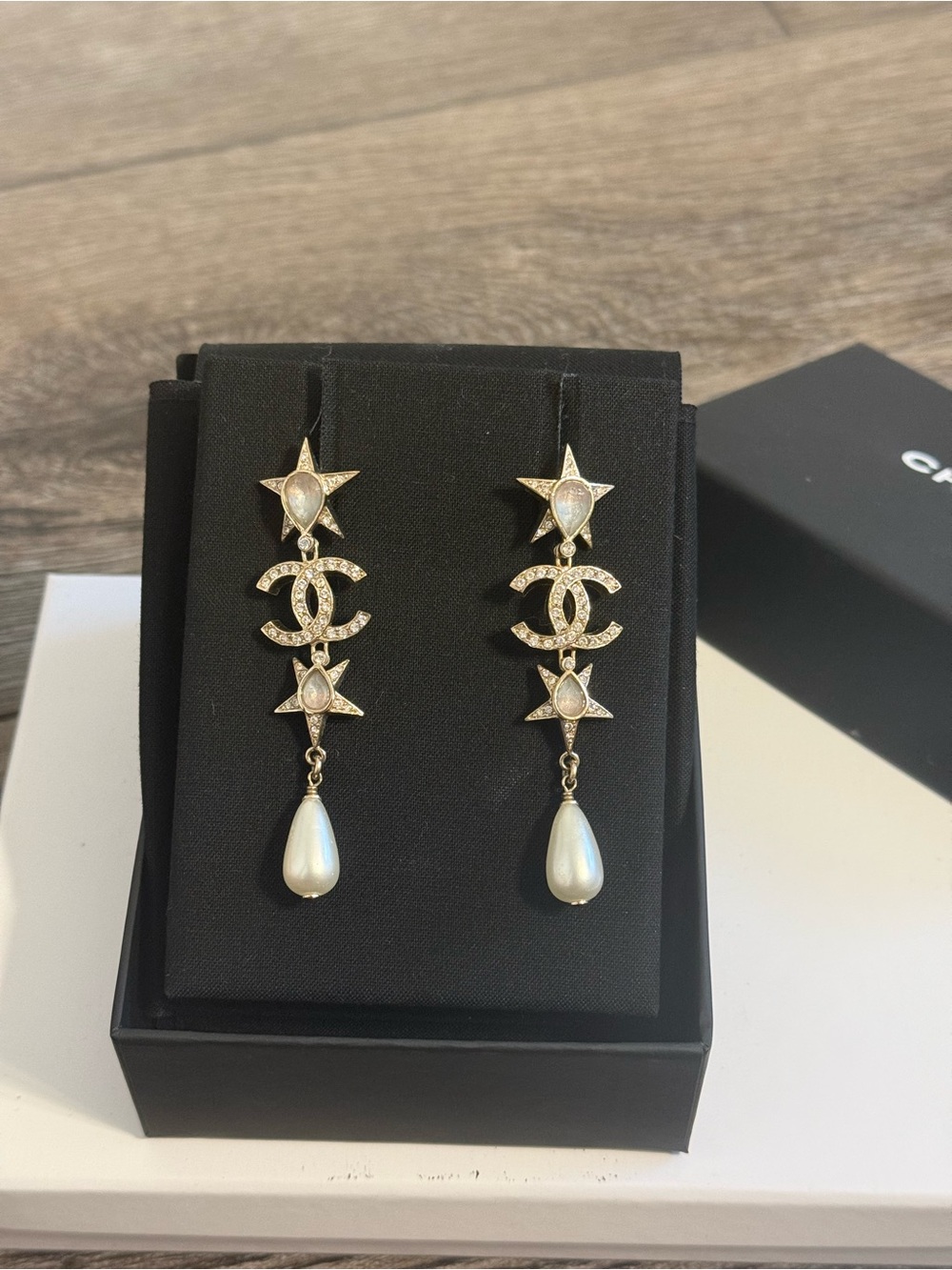 Chanel Gold Crystal CC Star Pearl Teardrop Drop Earrings